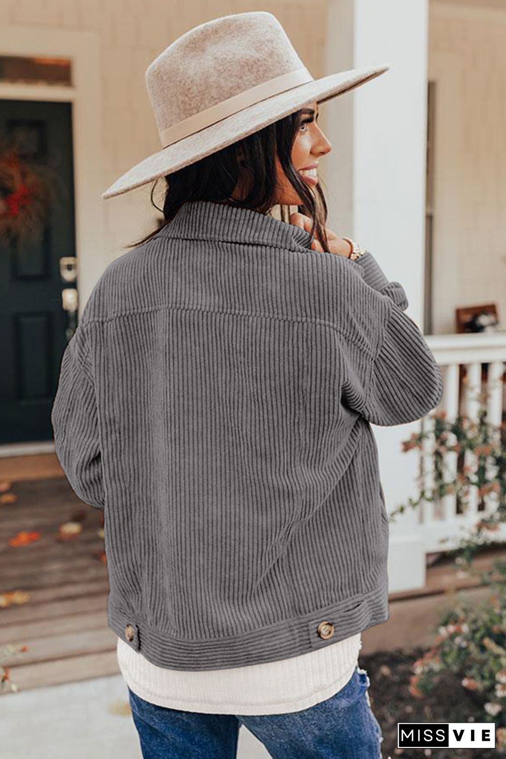 Gray Ribbed Corduroy Long Sleeve Jacket with Pocket