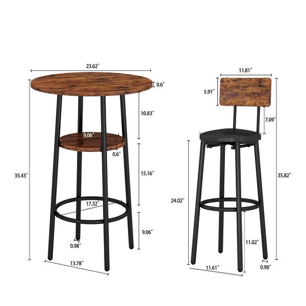 3-Piece Industrial Bar Table Set with 2 PU Leather Stools， Round Counter Height Dining Table Set for Pub， Bistro， Cafe