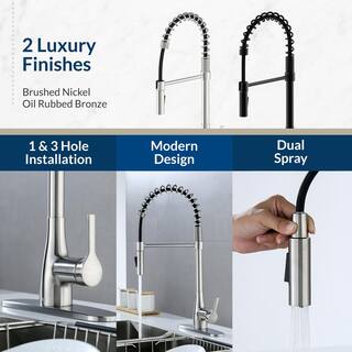 FLOW Classic Series Single-Handle Pull-Down Spring Neck Sprayer Kitchen Faucet in Brushed Nickel ClassSpring-BN