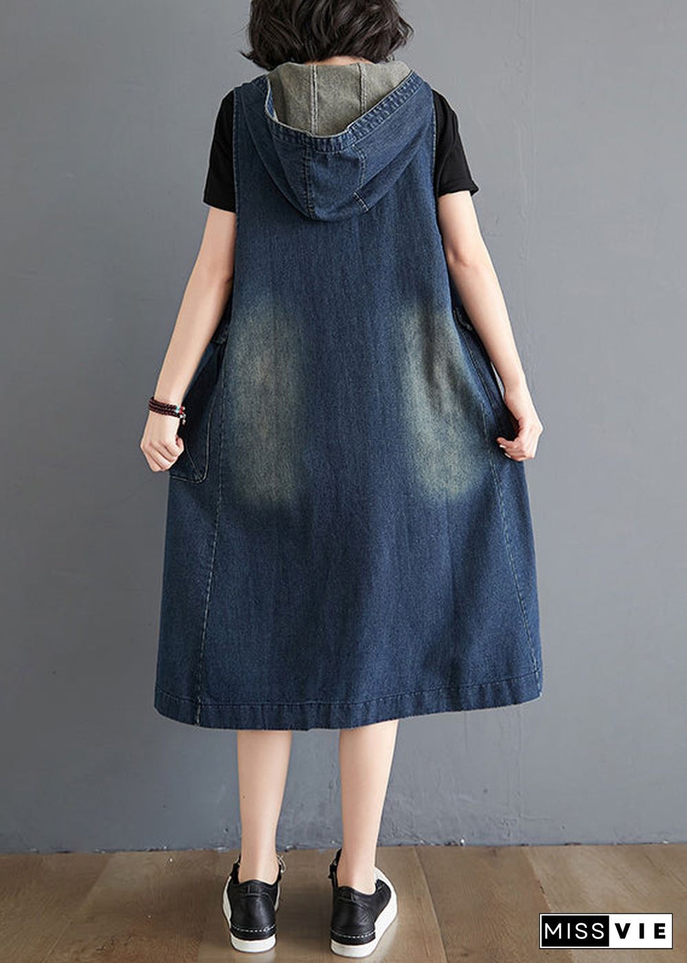 Modern Blue HoodedPockets Patchwork Denim Waistcoat Long Dress Sleeveless