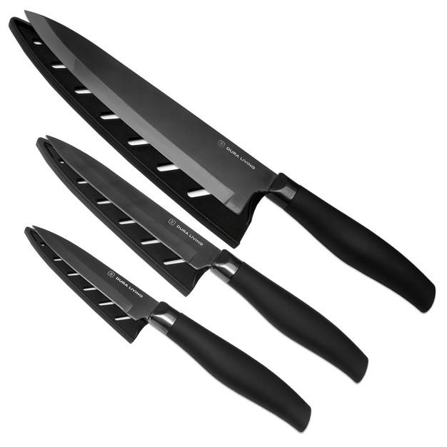 Dura Living Titan Series 3 Piece Titanium Plated Chef Knife Set With Blade Guards Black