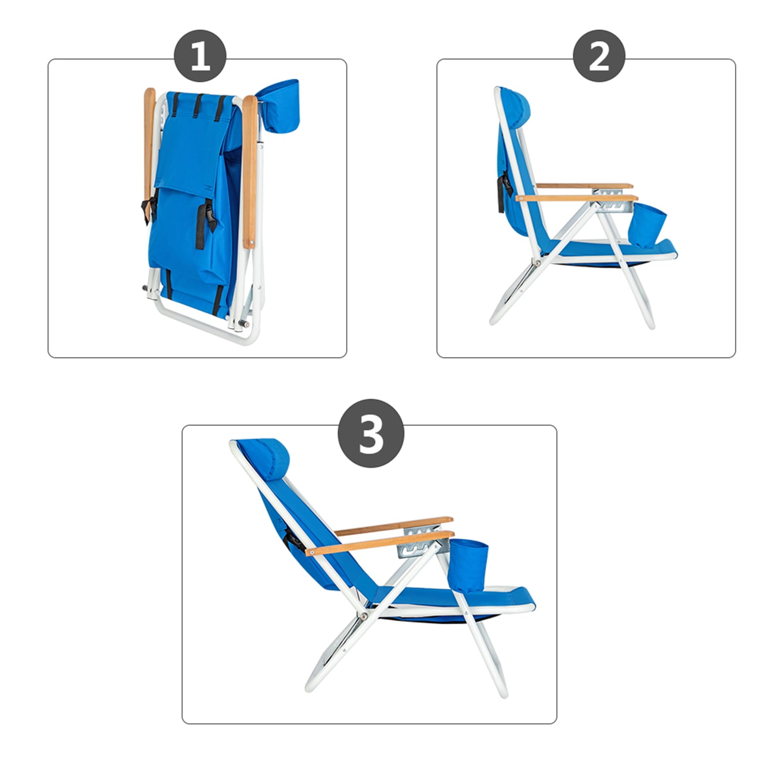 Portable High Strength Beach Chair，Patio Folding Lightweight Camping Chair， Outdoor Garden Park Pool Side Lounge Chair， with Cup Holder， Adjustable Headrest，Blue