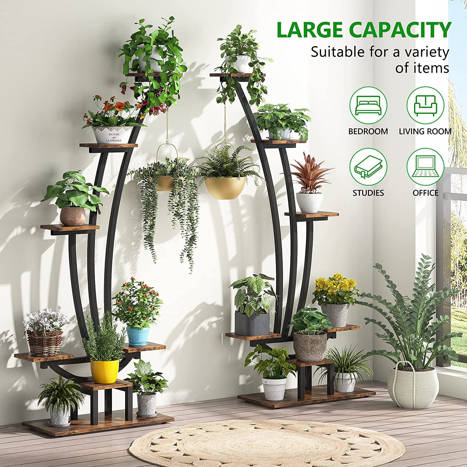 Tribesigns 6-Tier Tall Indoor Plant Stand Pack of 2, Metal Curved Display Shelf with 2 Hanging Hooks, Multi-Purpose Bonsai Flower Pots Plant Rack for Indoor, Garden, Balcony, Living Room, Brown