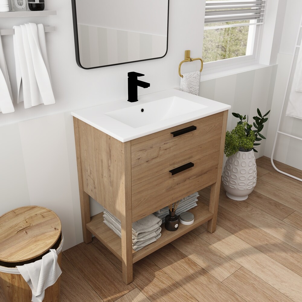 30 Inch Freestanding Bathroom Vanity with Soft Closing Drawers and Ceramic Sink  2/3 Extension Self Closing Drawers