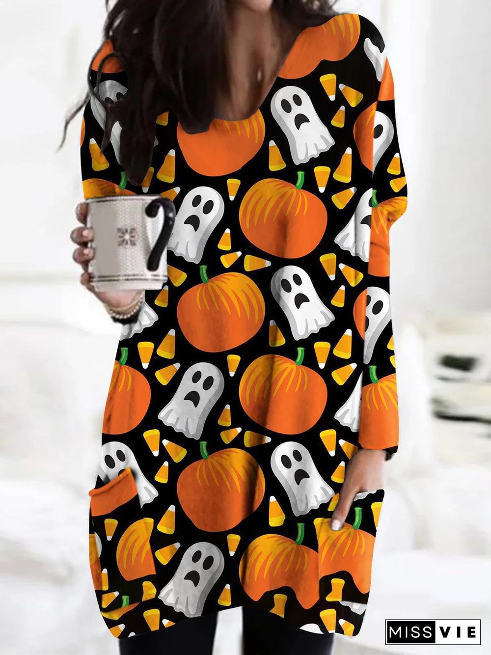 Women's  Halloween Graphic Printed V-Neck Long Sleeve Maxi Dress