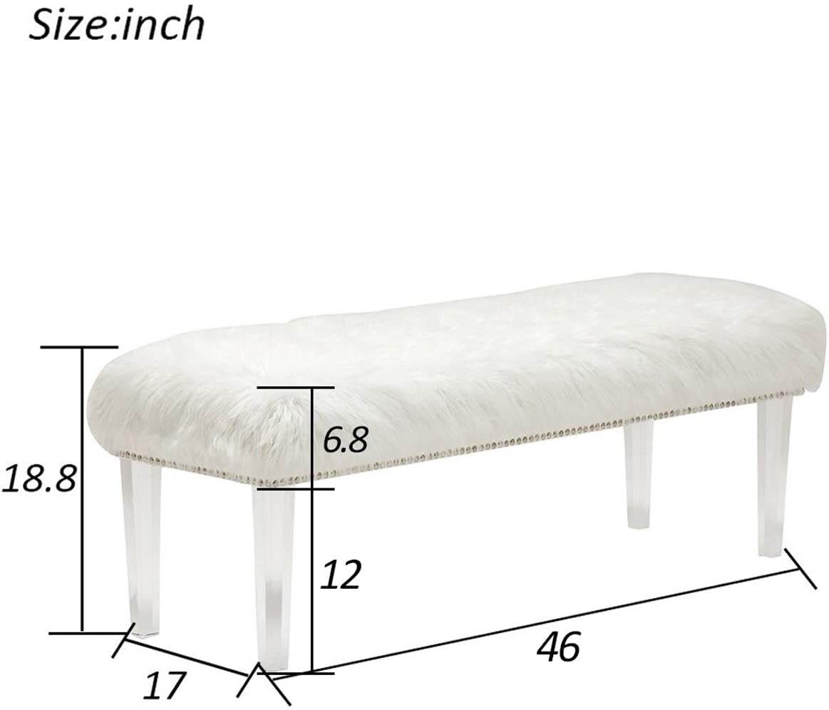 Andeworld Modern White Faux Fur Ottoman Bench Upholstered Bench for Bedroom/Living Room/Entryway Decorative Accent Bench with Acrylic Legs