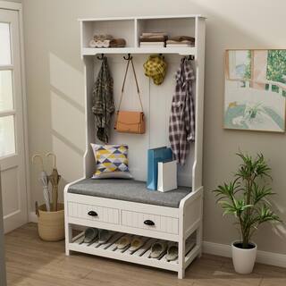 FUFUGAGA 68.5 in. White Wood 3-in-1 Hall Tree Coat Rack Storage Bench with 4-Metal Double Hooks and 2-Drawers Shelves KF020217-01