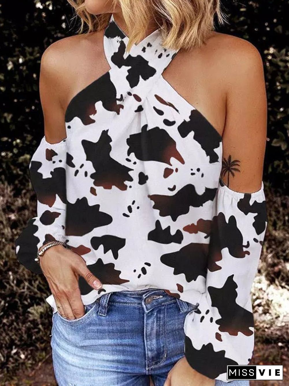 Women'S T-Shirts Printed Halter Off-Shoulder Long Sleeve T-Shirt