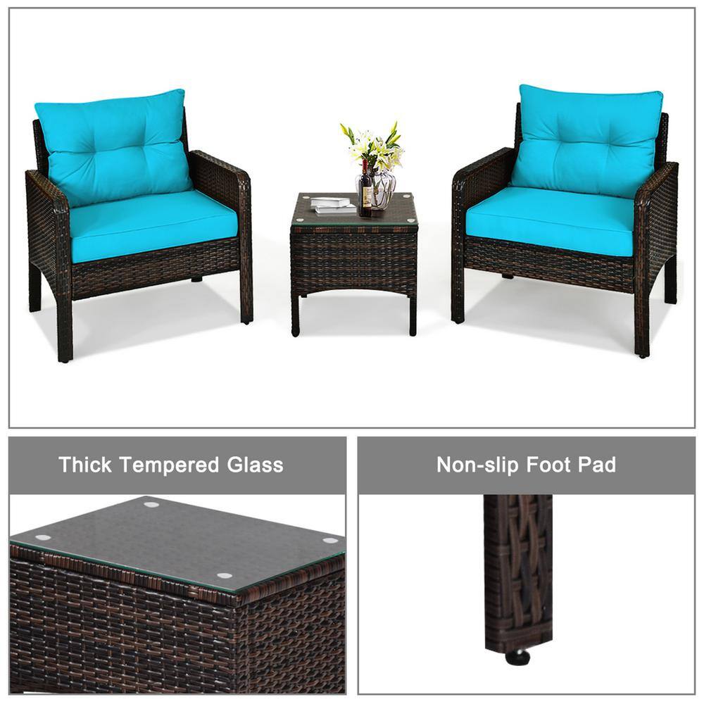 Gymax Rattan 3-Piece Wicker Patio Outdoor Furniture Set Coffee Table with Turquoise Cushion GYM07289