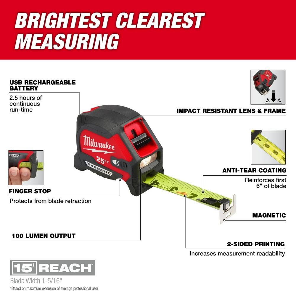 MW 25ft Wide Blade Magnetic Tape Measure with 100L Light 48-22-0428 from MW