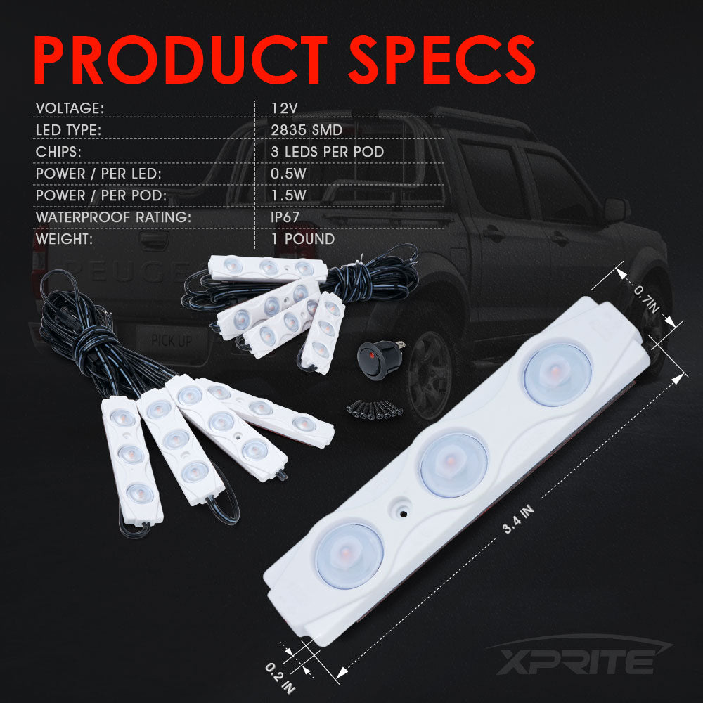 Xprite USA DL-001-L3-PE 8 LED Rock Light Pods Truck Bed Lighting Kit with Switch - Purple