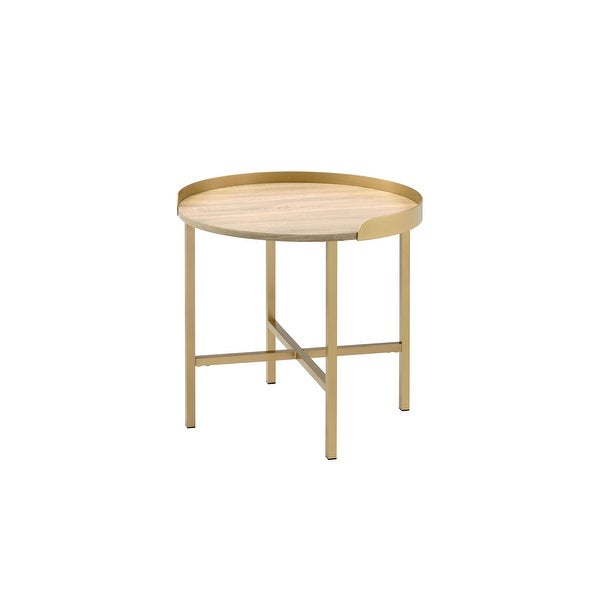 Modern Style Mithea End Table， Oak Table Top and Gold Finish