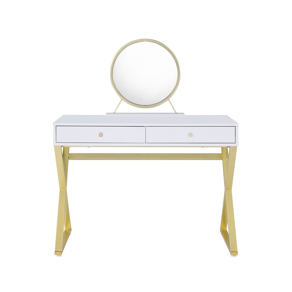 Gold Finish Vanity Desk with Mirror and Jewelry Tray