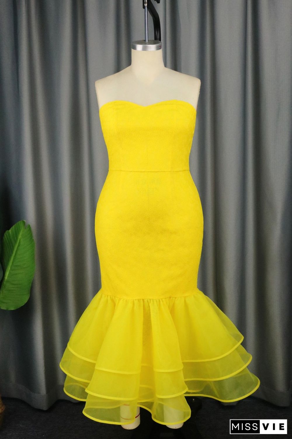 Yellow Sexy Formal Solid Patchwork Backless Strapless Evening Dress Dresses