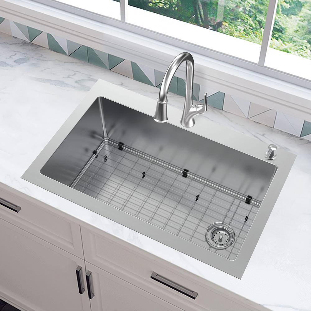 Glacier Bay AIO Dolancourt Tight Radius Drop-InUndermount 18G Stainless Steel 33 in. Single Bowl Kitchen Sink with Pull-Down Faucet VDR3322A1PA1-2A