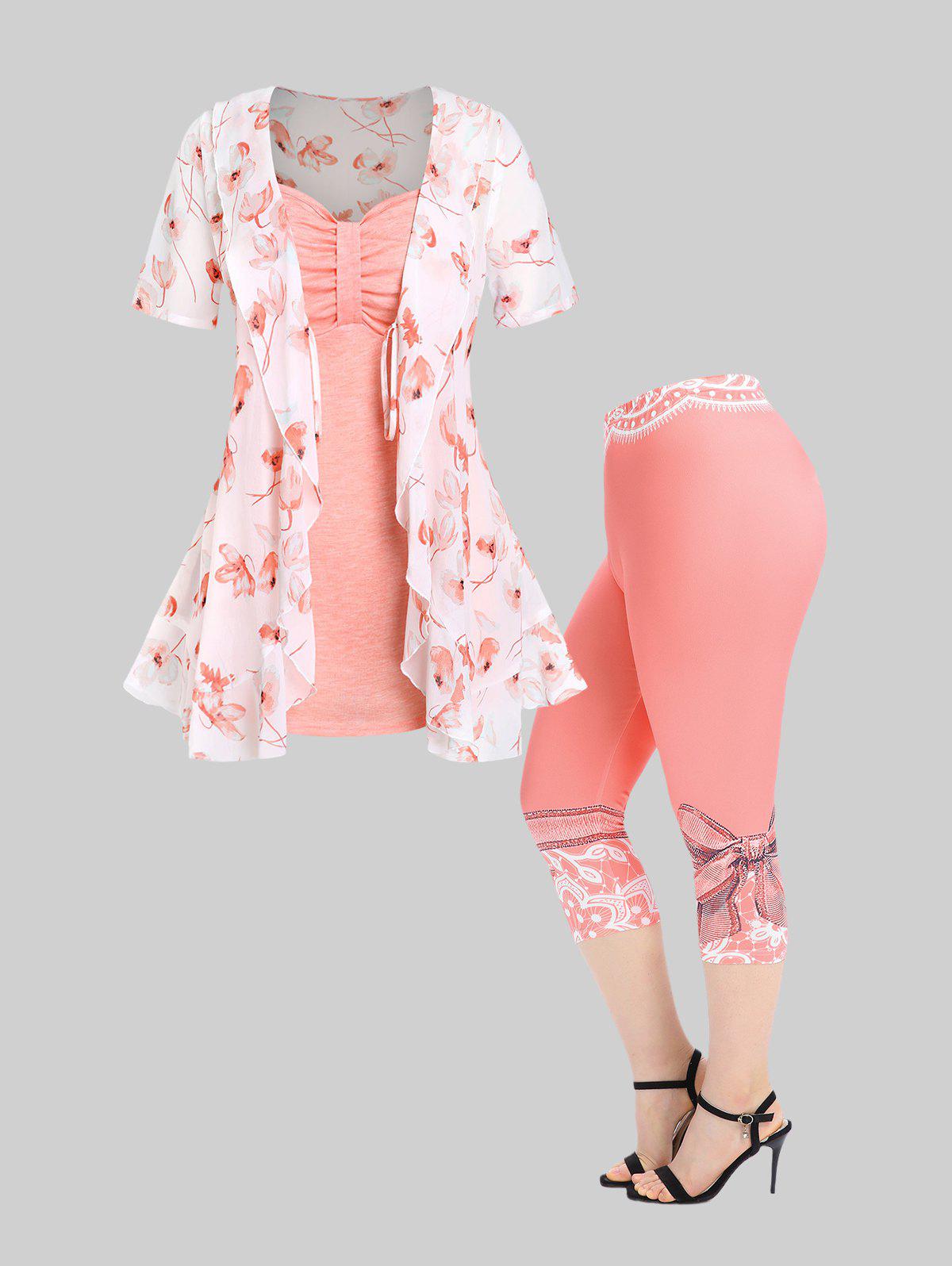 Floral Tie Blouse and Cami Top Set and High Waist 3D Print Capri Skinny Leggings Plus Size Summer Outfit