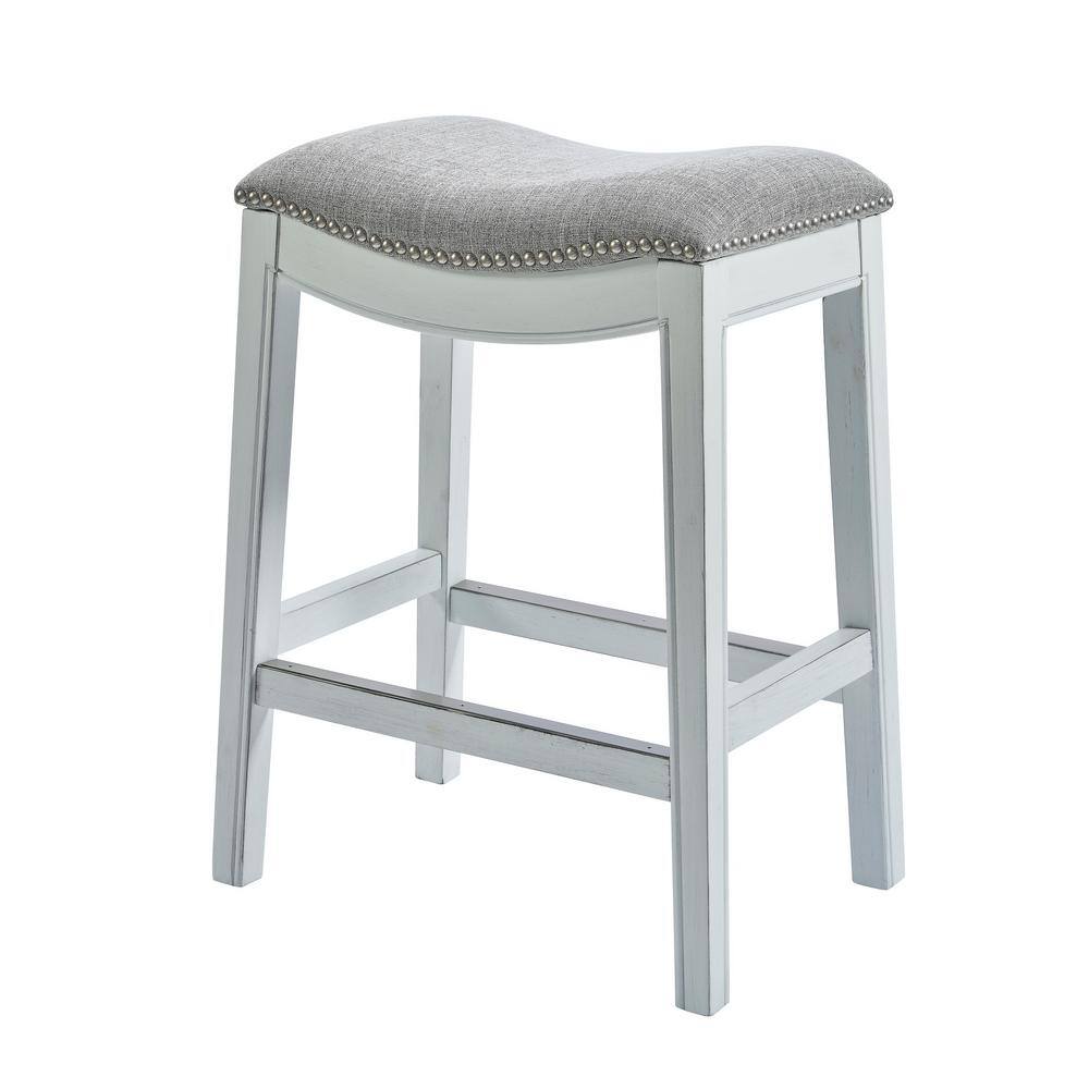 NewRidge Home Goods Zoey 25.5in. Saddle Counter-Height Stool with Antique Whitewashed Gray Linen Seat One Stool NR100134-FCS-AW