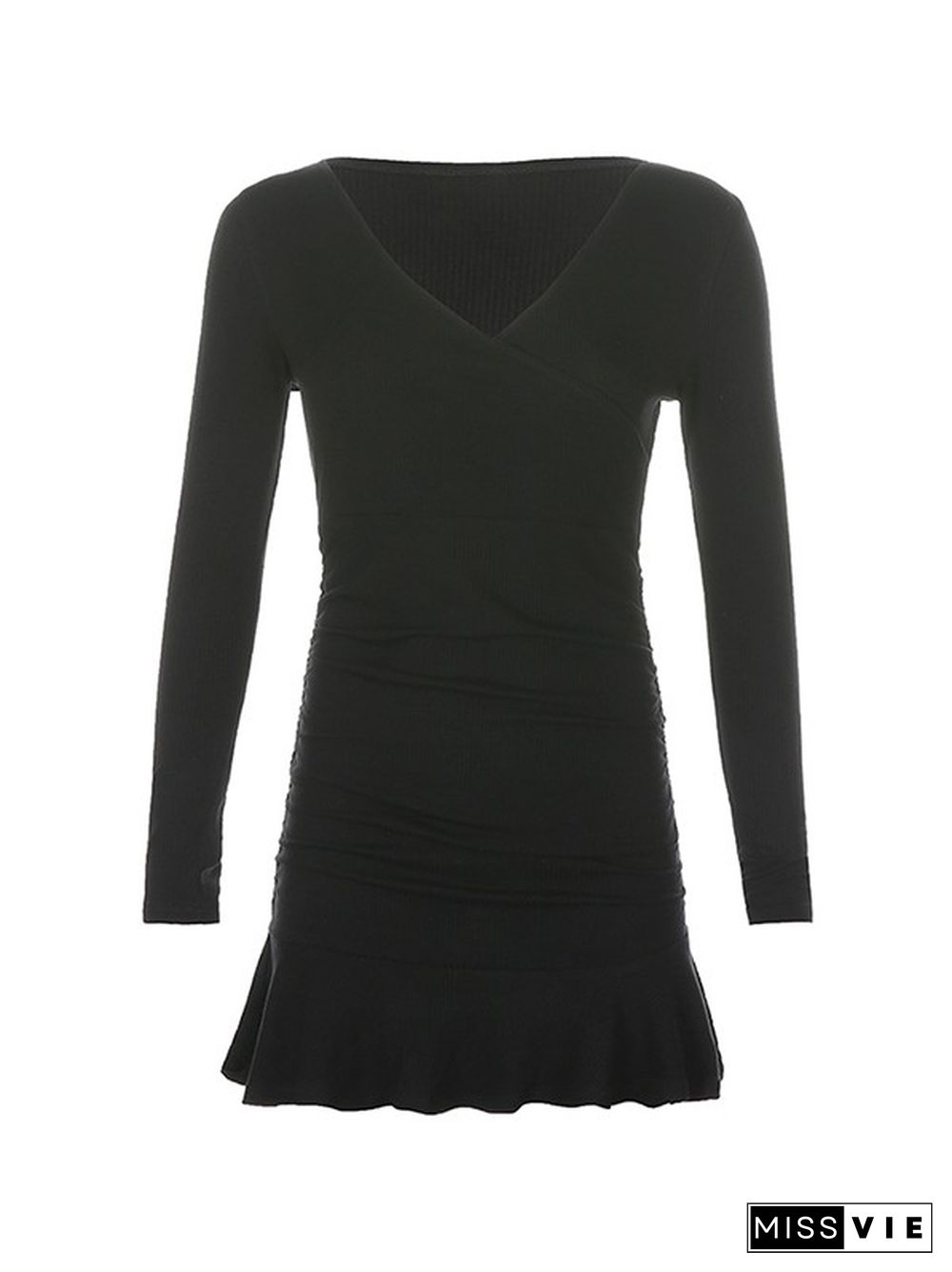 Black Ruffle Ribbed Long Sleeve Wrap Mini Dress