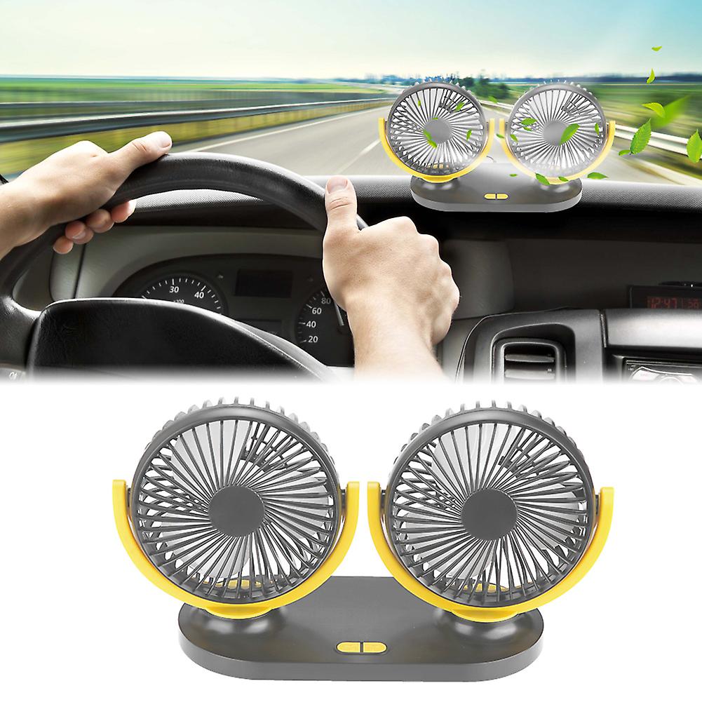 Usb Dual Head Car Fan Portable Air Conditioner Auto Cooler Ventilation 12v Gray Yellow