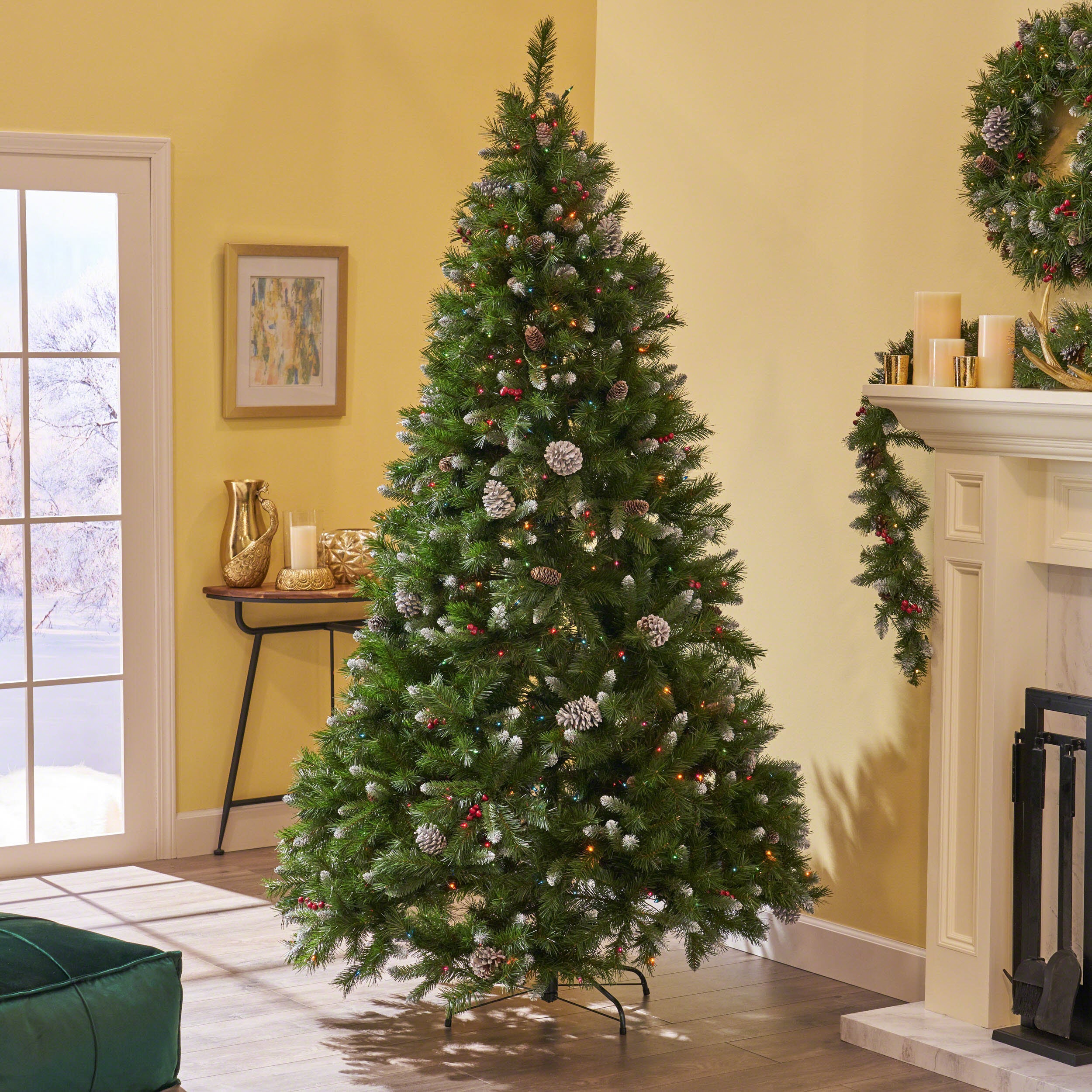 7-foot Mixed Spruce Hinged Artificial Christmas Tree with Frosted Branches, Red Berries, and Frosted Pinecones