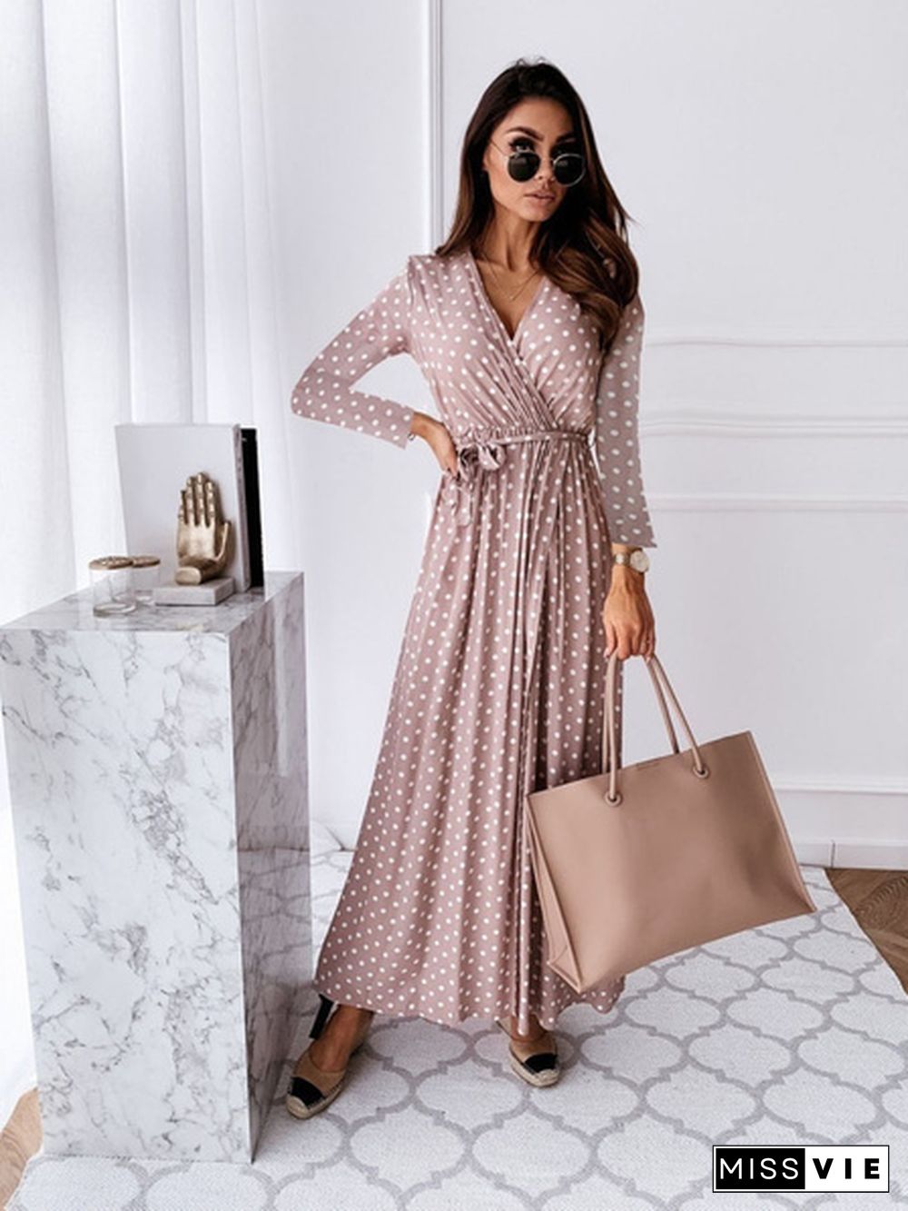 Women Fashion V Neck Long Sleeves Lace Up Split Polka Dot Print Long Dress Holiday Beach Boho Dress Maxi Dresses