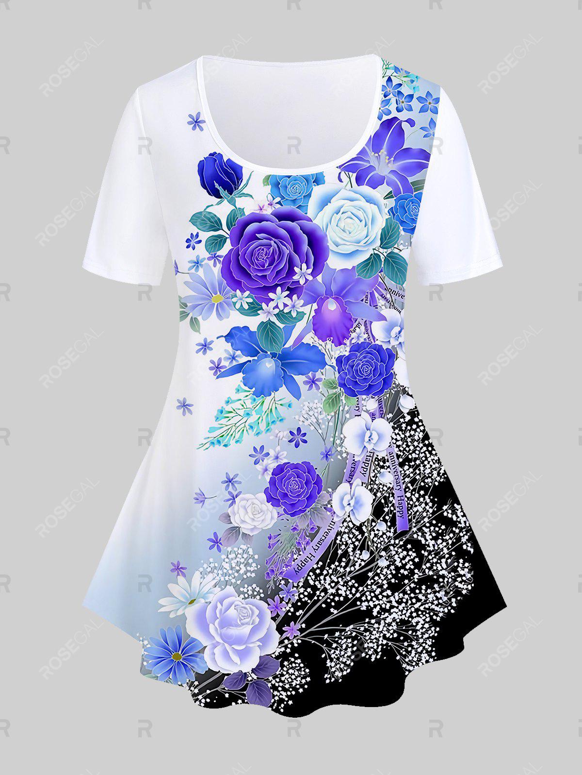 3D Flower Printed Ombre Tee and Floral Printed Ombre Leggings Plus Size Summer Outfit