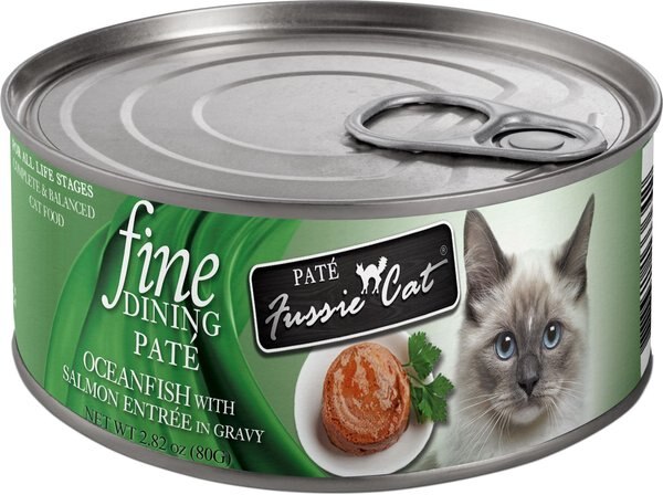 Fussie Cat Fine Dining Pate Oceanfish with Salmon Entrée Wet Cat Food， 2.82-oz can， case of 24