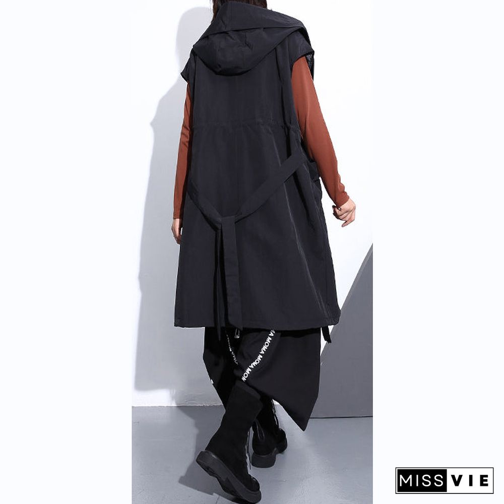 Fine black cotton blended tops plus size hooded tie waist clothing tops Elegant Sleeveless coats