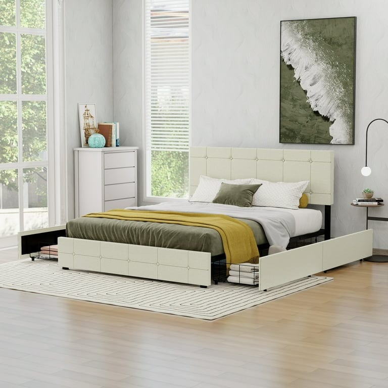 NNV Upholstered Platform Bed Frame with 4 Storage Drawers  Button Tufted Design