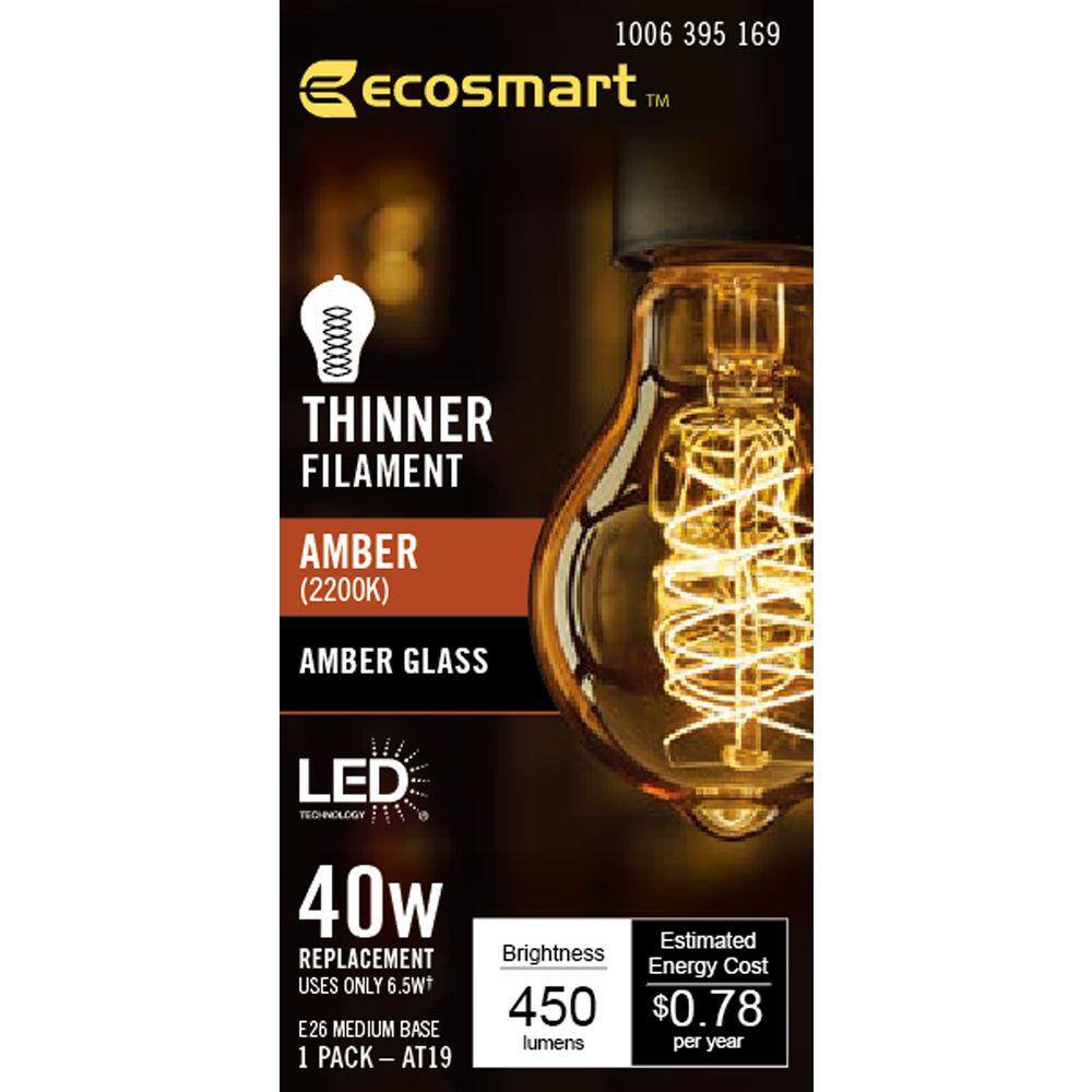 EcoSmart 40-Watt Equivalent AT19 Dimmable Fine Bendy Filament LED Vintge Edison Light Bulb Amber (1-Pack) AT19A6E26822S