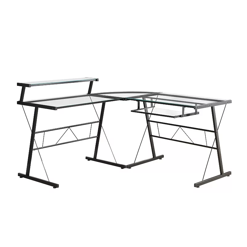 57 Black Contemporary L-Shaped Computer Desk with Tempered Glass