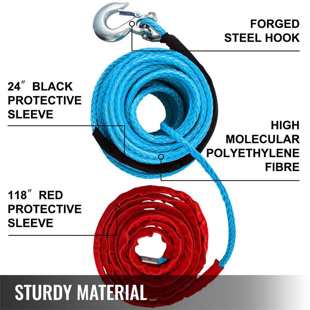 VEVOR Blue Synthetic Winch Rope 100 ft. x 38 in. Winch Line Cable with G70 Hook 18740 lbs. 12 Strands with Protective Sleeve JPS9.530MJPSBL001V0