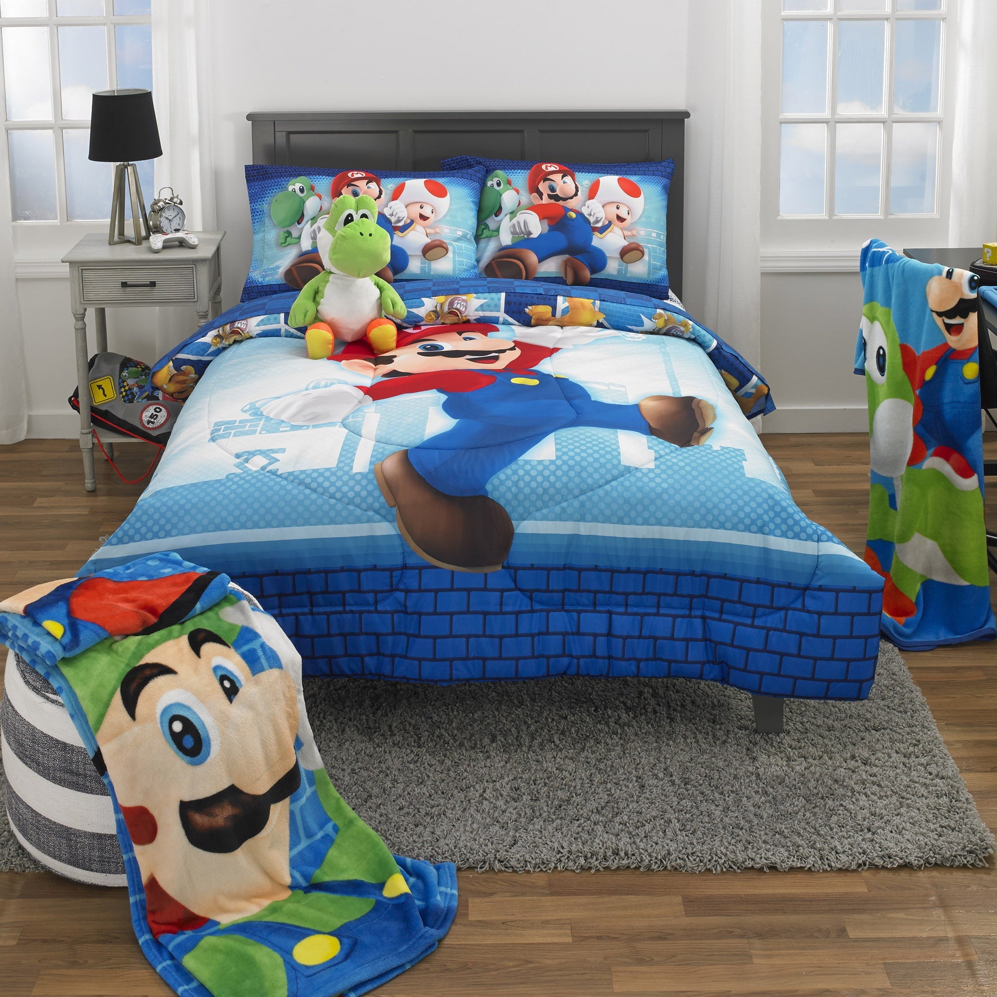 Super Mario Kids Full Bed in a Bag, Gaming Bedding, Comforter and Sheets, Blue, 