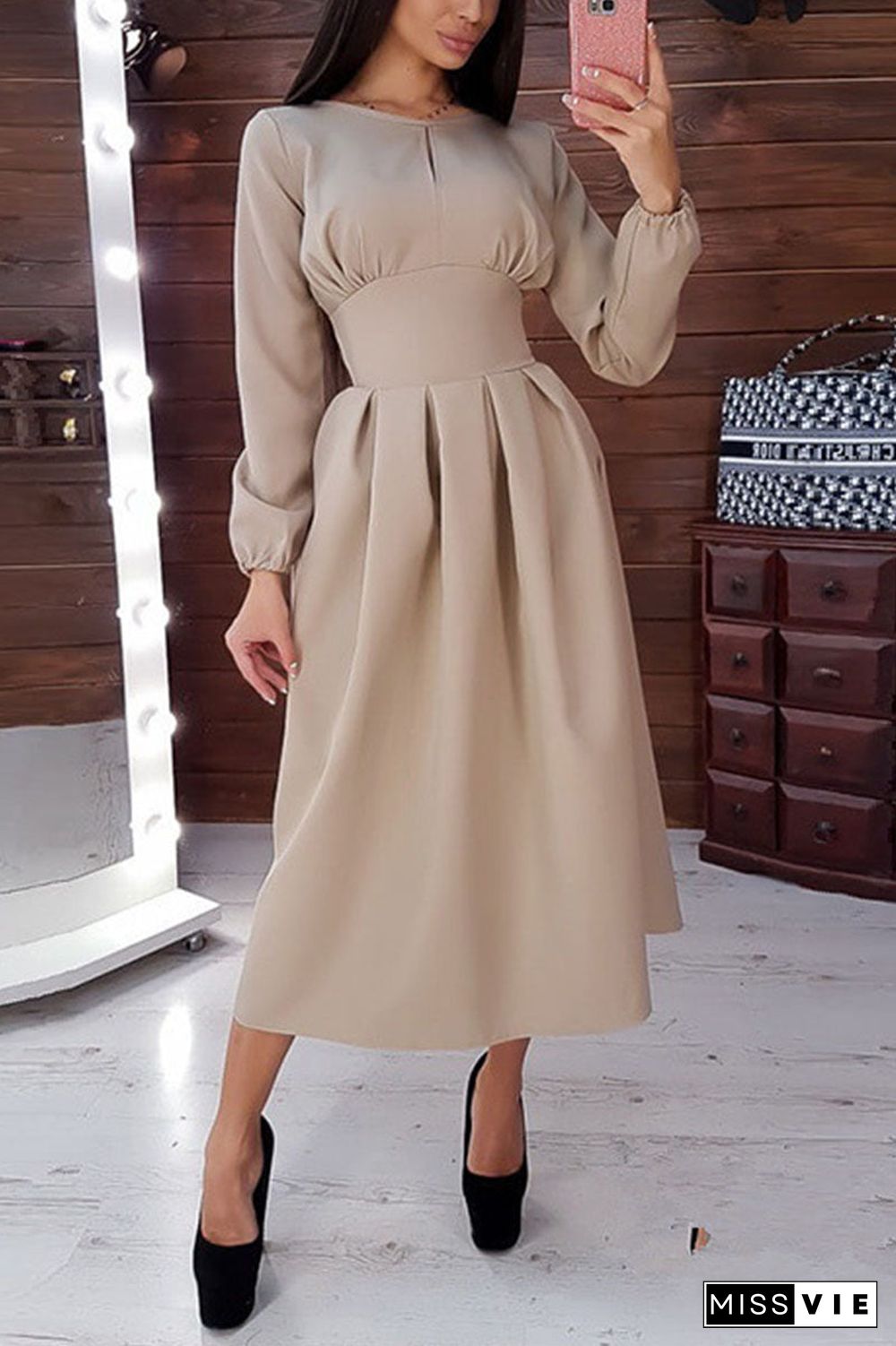 Elegant Solid Patchwork O Neck Waist Skirt Dresses(4 Colors)