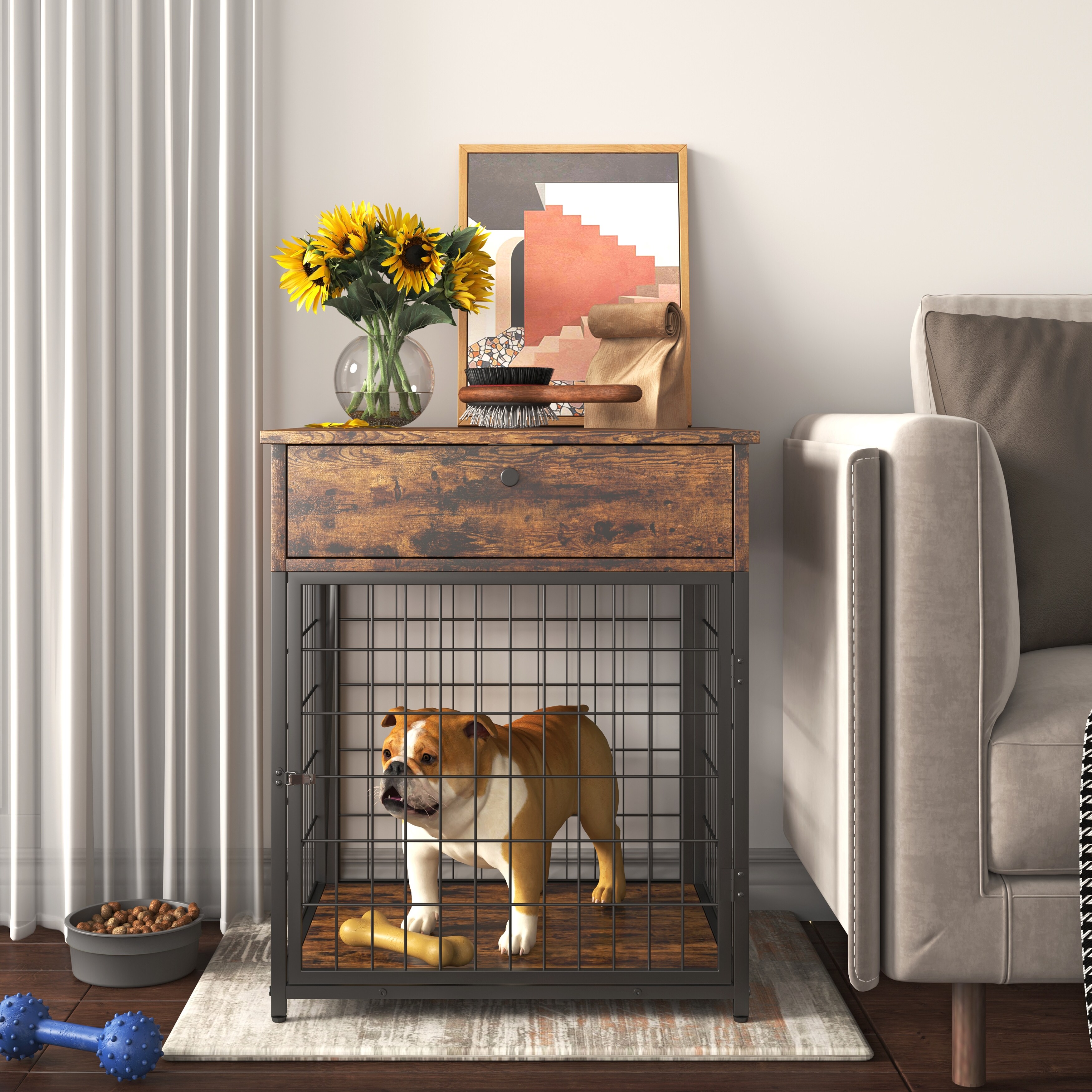 Furniture Style Wood，with Dog Crate，End Table with Storage Console(Rustic Brown; 19.69''w x 22.83''d x 26.97''h) - 26.97