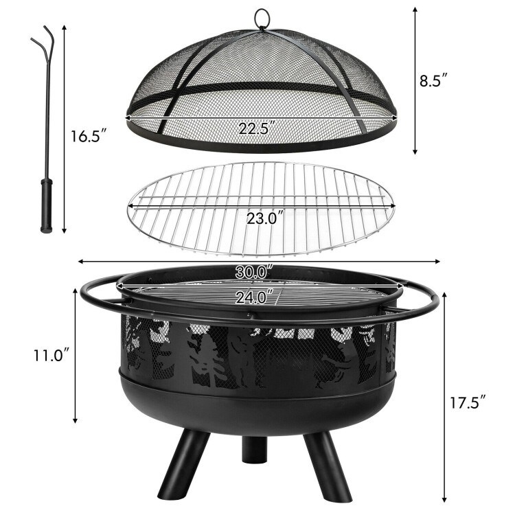 Portable Patio Screened Wood Burning Fire Pit Cooking Grill with Poker   30 inches L x 30 inches W x 26 inches H