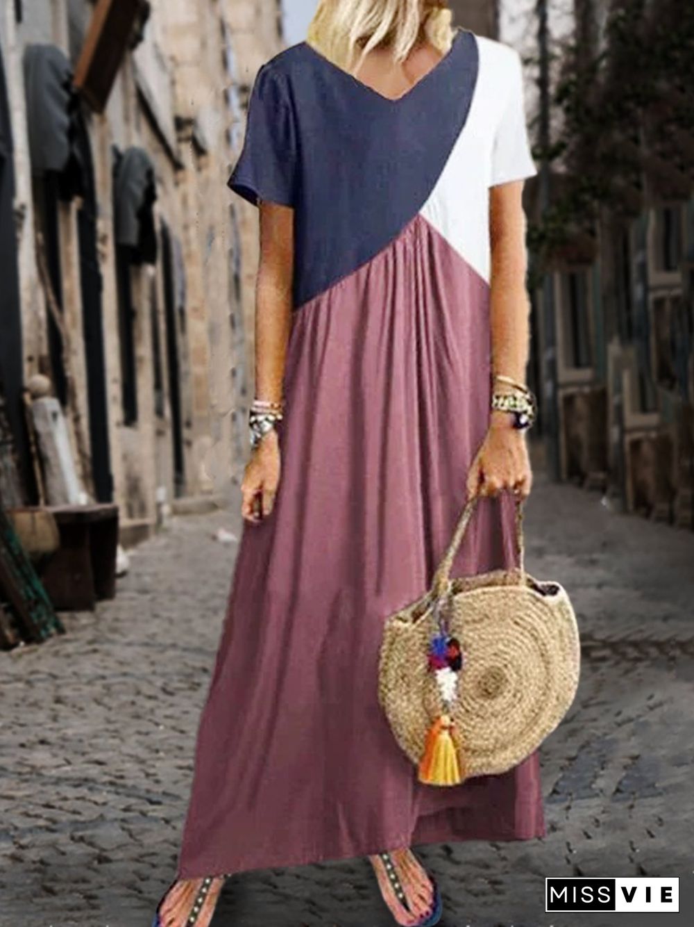 Women Casual Solid Color Cotton V Neck Plus Size Maxi Dresses