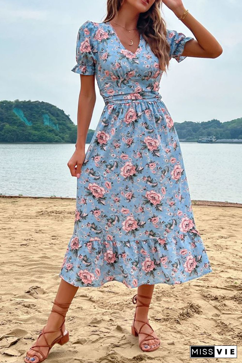 Puff Sleeve Flower Print V Neck Midi Dress Wholesale