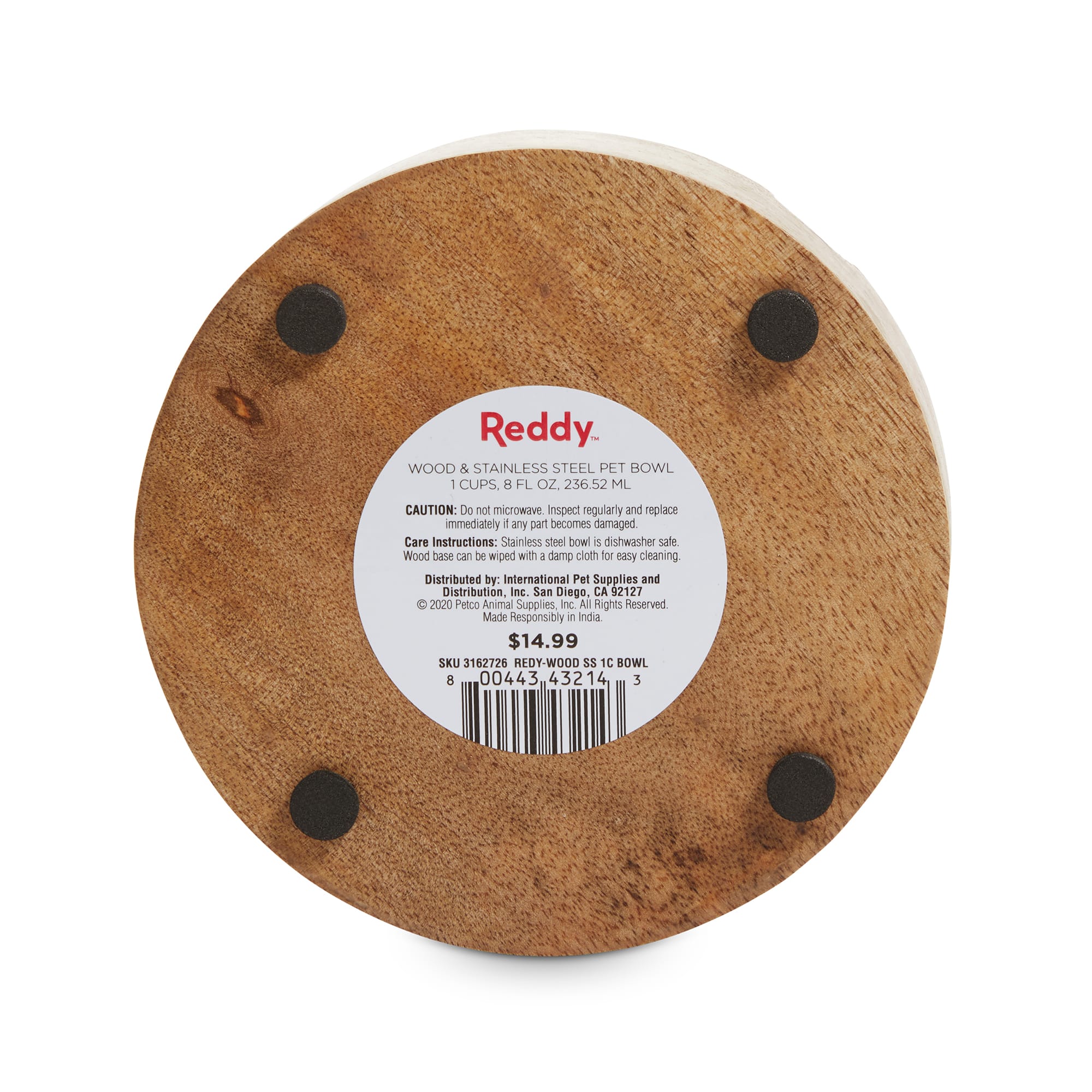 Reddy Stainless-Steel with Mango Wood Base Dog Bowl， 1 Cup