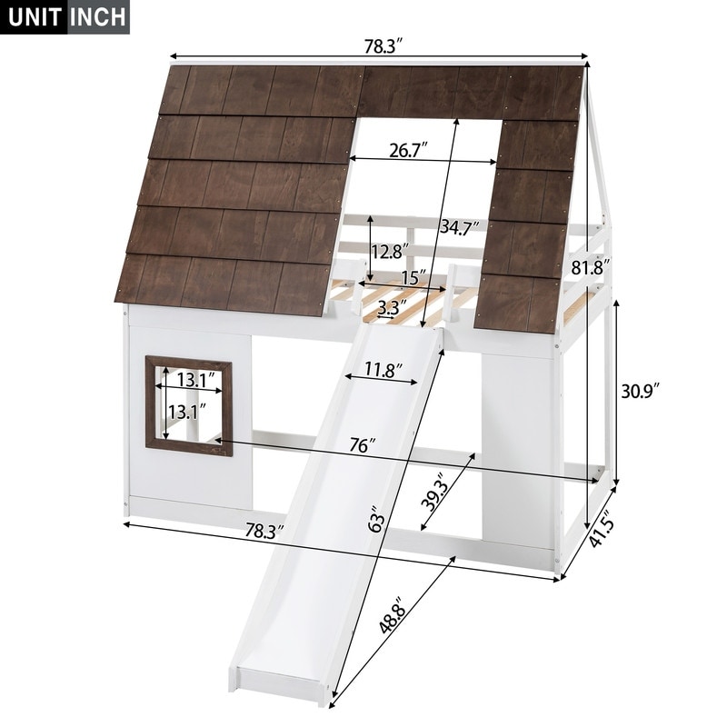 Twin Size Roof Wood House Bunk Bed With Ladder Side Stairs and Slide