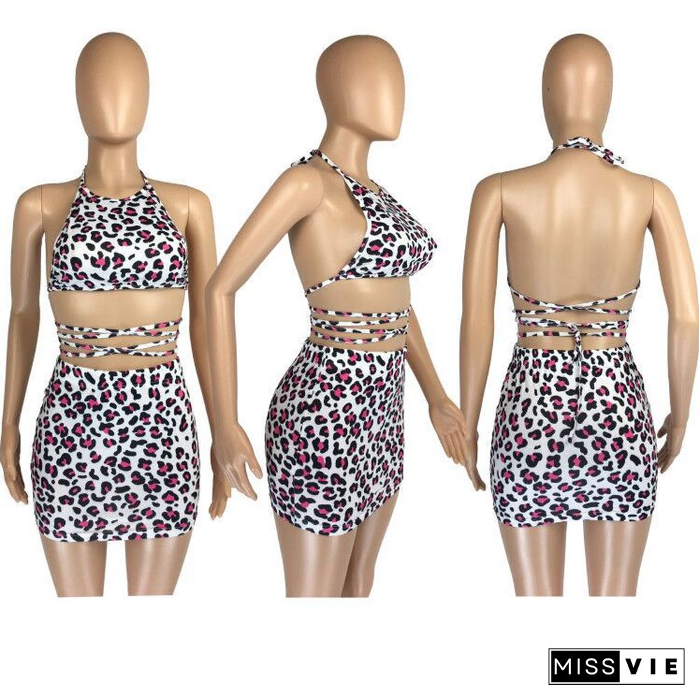 Leopard Print Women Irregular Tank Top Mini Skirt 2 Piece Set