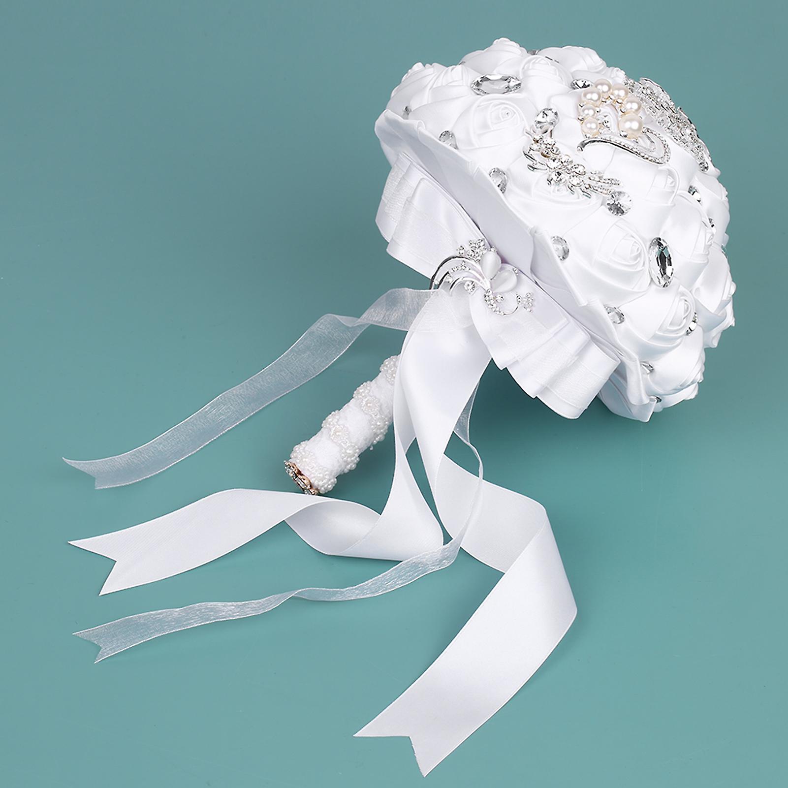 21cm Handmade Wedding Brooch Rhinestone Bridal Bouquet Satin Rose Flower With Artificial Pearls Decorated For Bride Wedding Supplies Light Yellow