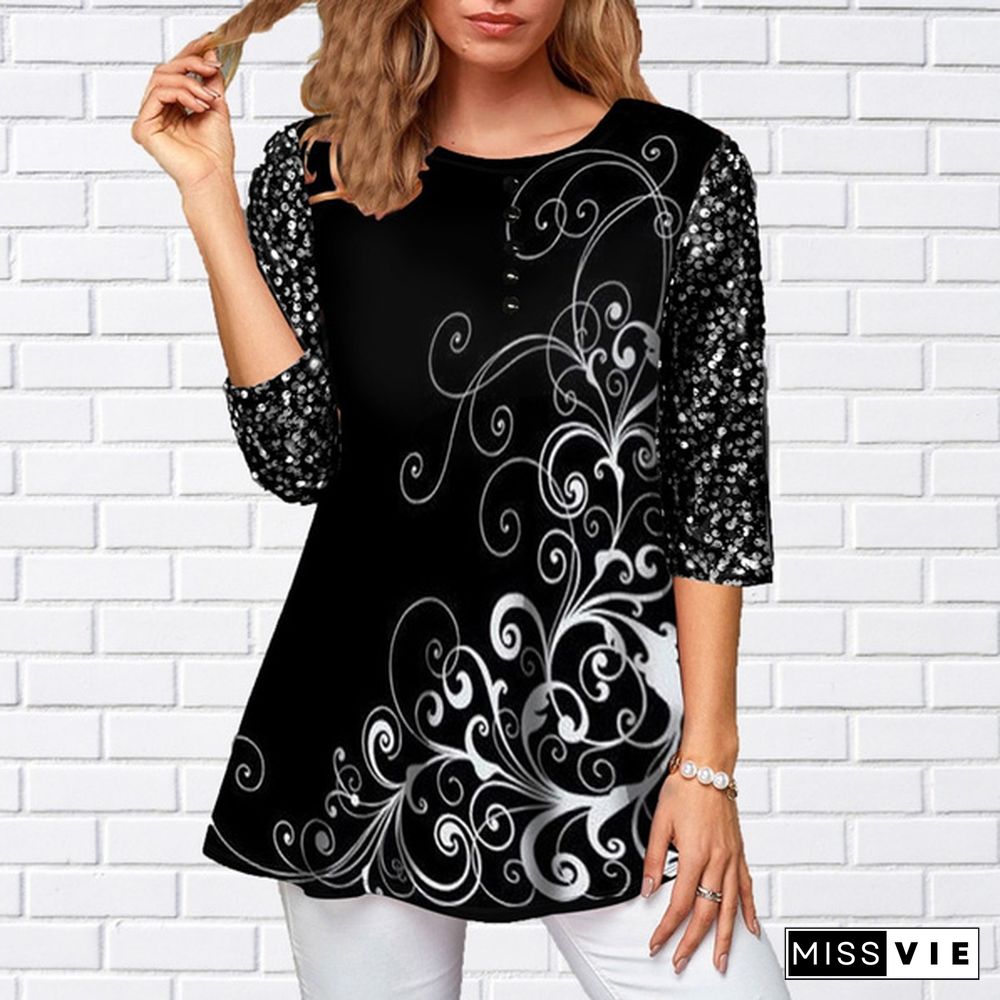 Women Half Sleeved Pullover T-Shirt Solid Color Loose Tops Blouse Printed Sequin Detail Round Neck T Shirt Plus Size XS-8XL