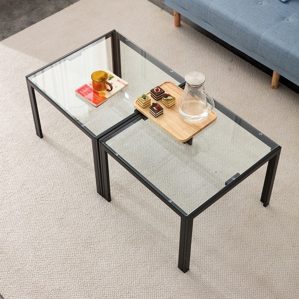 Set of 2 Square Center Table Modern 23.23-inch Coffee Table with Tempered Glass Tabletop End Table with Metal Frame