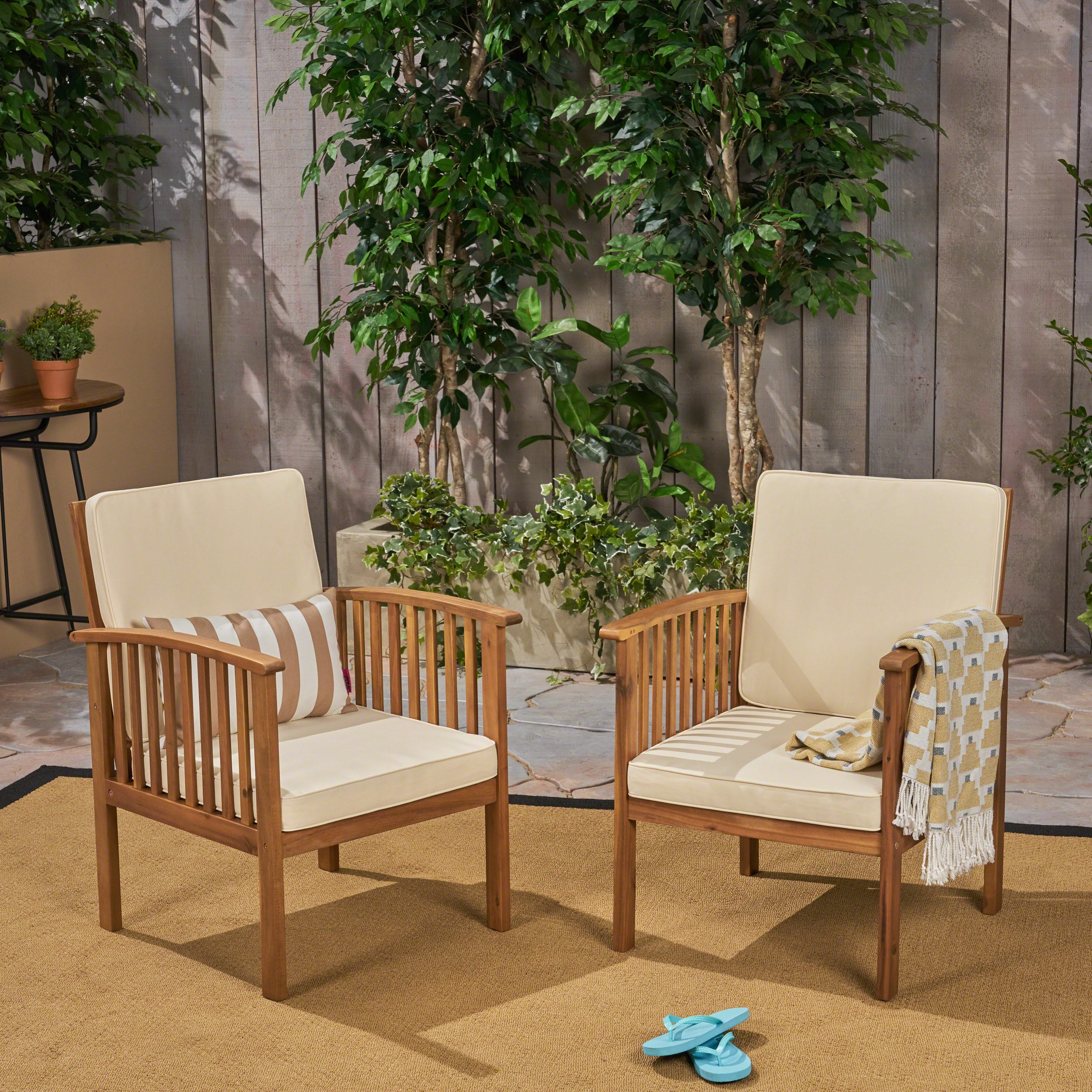 Ray Acacia Outdoor Acacia Wood Club Chairs w/ Cushions