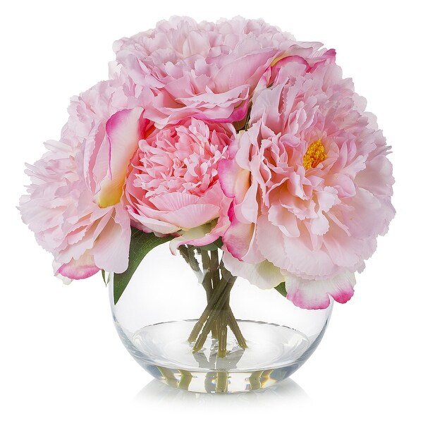 Enova Home Artificial Silk Peony Fake Flowers Arrangement in Round Glass Vase with Faux Water