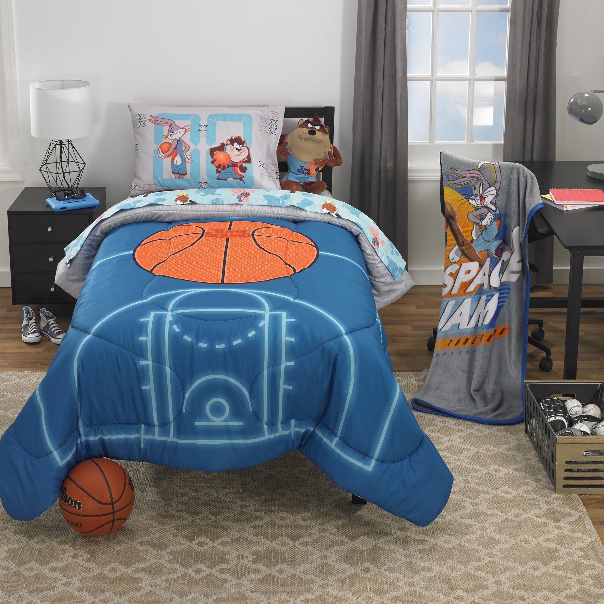 Space Jam Kids Comforter and Sham， 2-Piece Set， Twin/Full， Reversible， Blue， Warner Bros