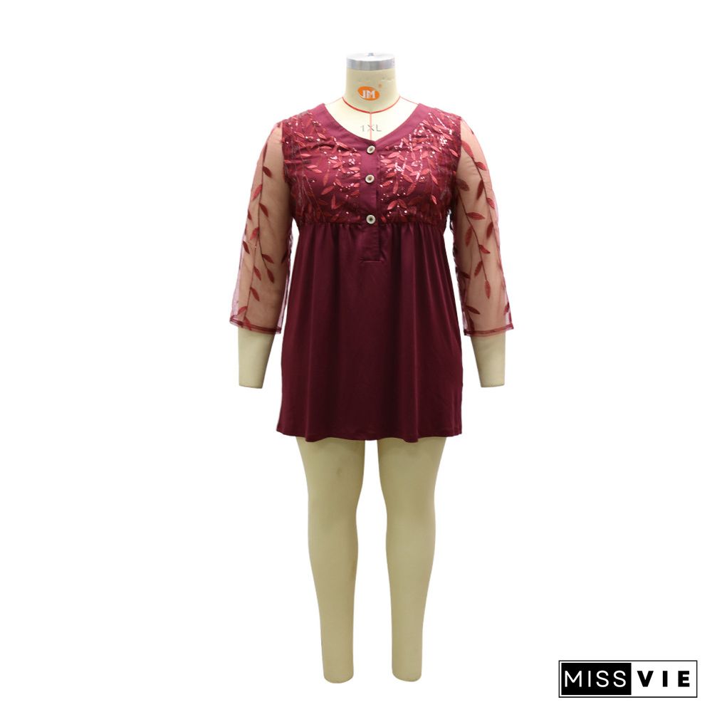 Autumn Lace Beads Hot Sale Three-quarter Sleeve Plus Size T-shirt