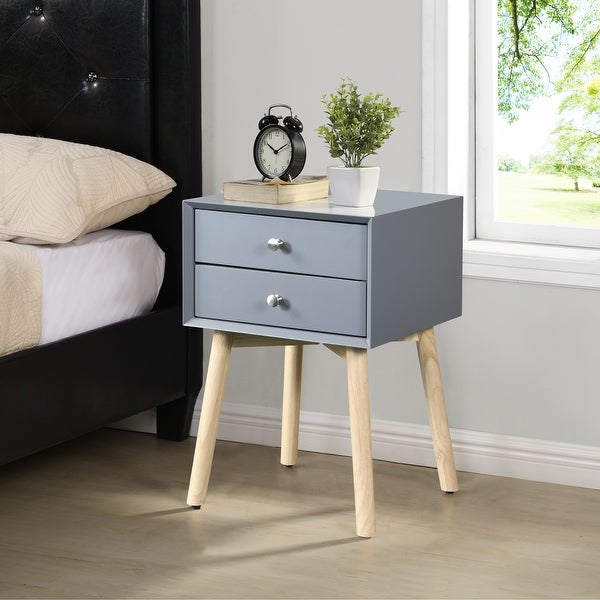 Mid-Century Side Table Nightstand with 2 Drawer， Wood Legs and Sliver Metal Knobs for Bedroom Living Room