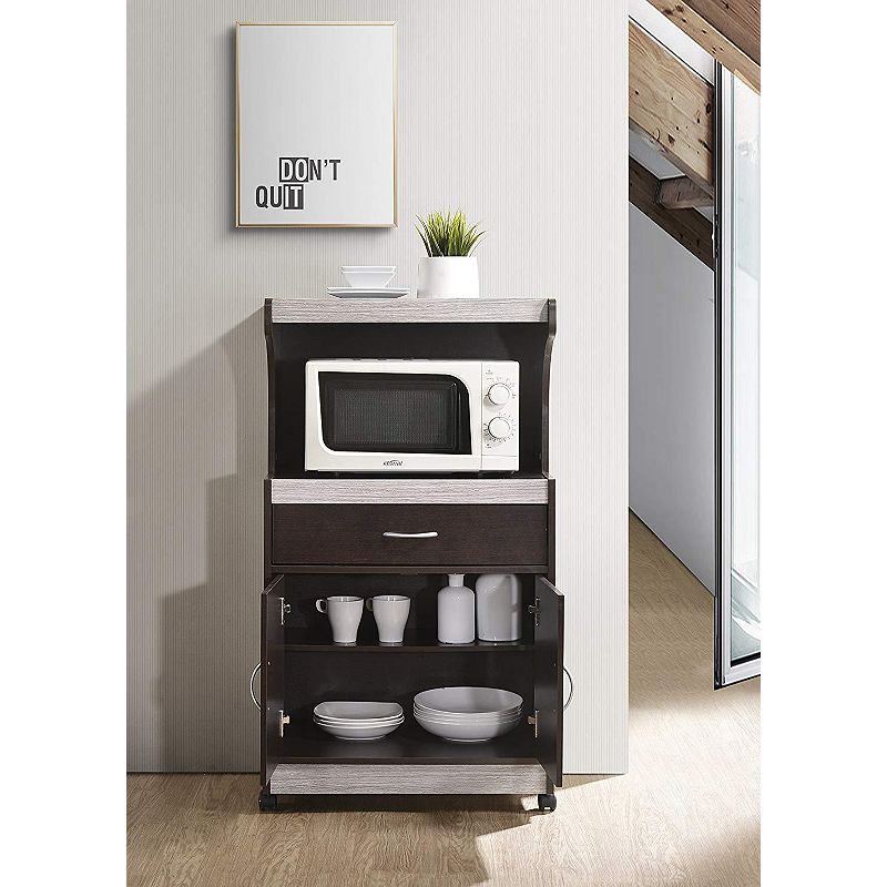 Hodedah Wheeled Microwave Cart with Drawer and Cabinet Storage， Chocolate Grey